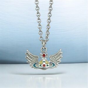 VIVIENNE WESTWOOD Silver Multicolor Beth Orb Winged Saturn Ring Pendant Necklace